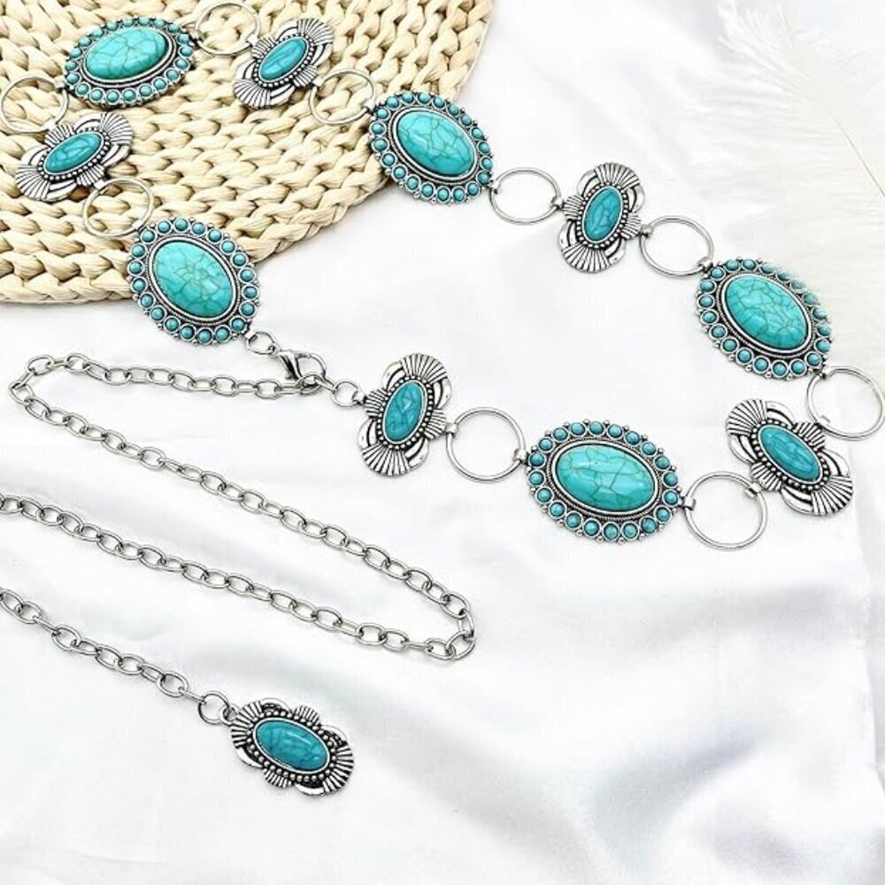 Turquoise Concho Belt for Women Silver Western Chain Belt, Cowgirl Country belt - Picture 3 of 8